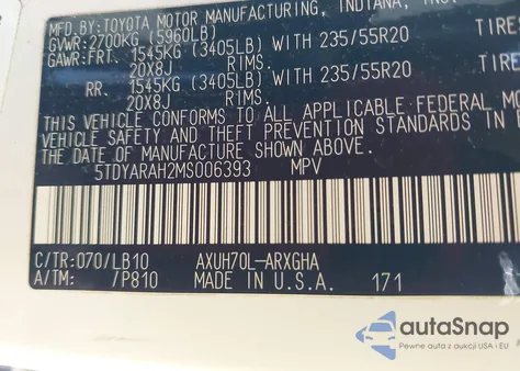 2021 Toyota Highlander Hybrid Limited z USA, uszkodzony, nr VIN 5TDYARAH2MS006393